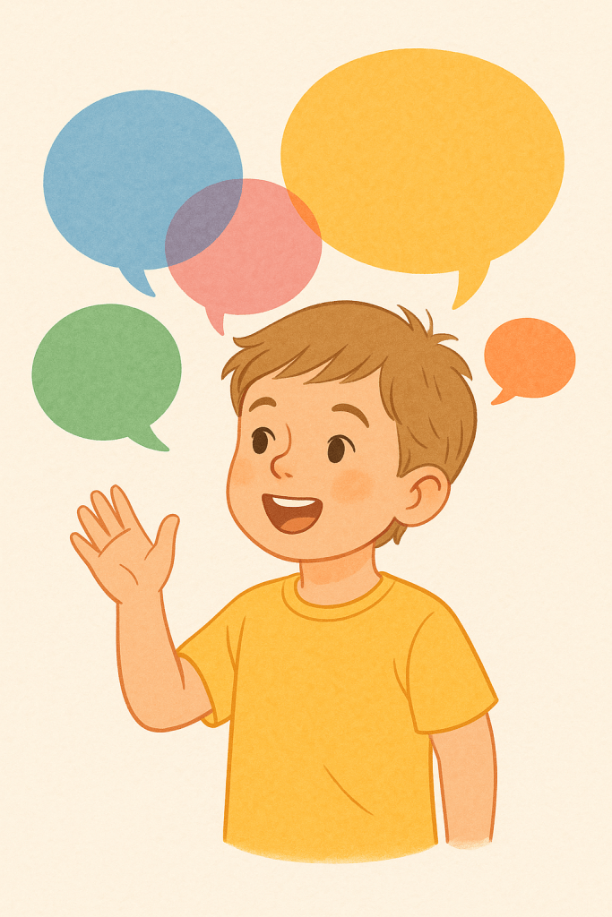 illustration d'un enfant qui parle avec bulle de paroles