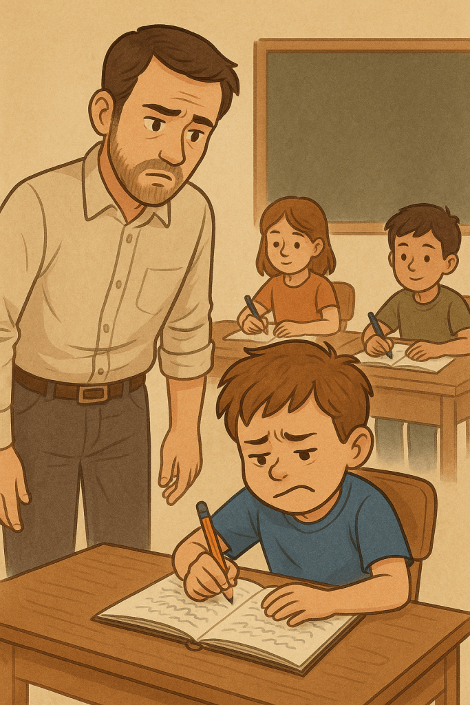 garçon en classe qui n'arrive pas à écrire