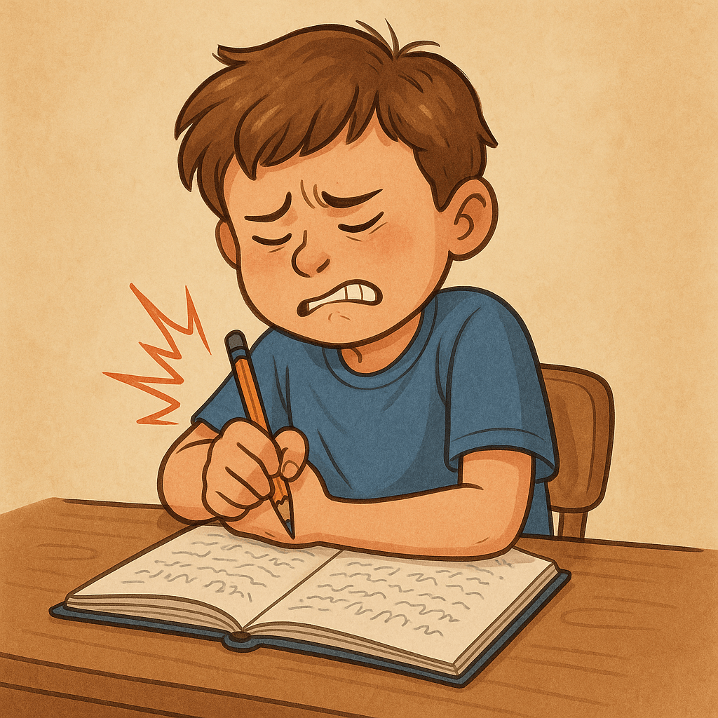 garçon qui éprouve de la douleur à l'écriture